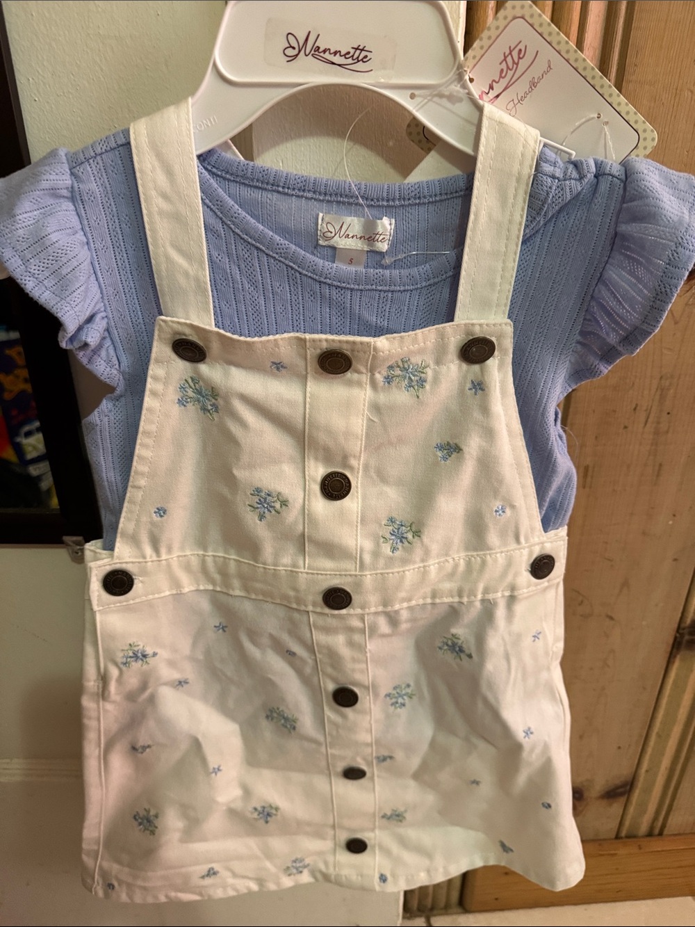 Nannette White Overall Dress with Light Blue Floral Embroidery
